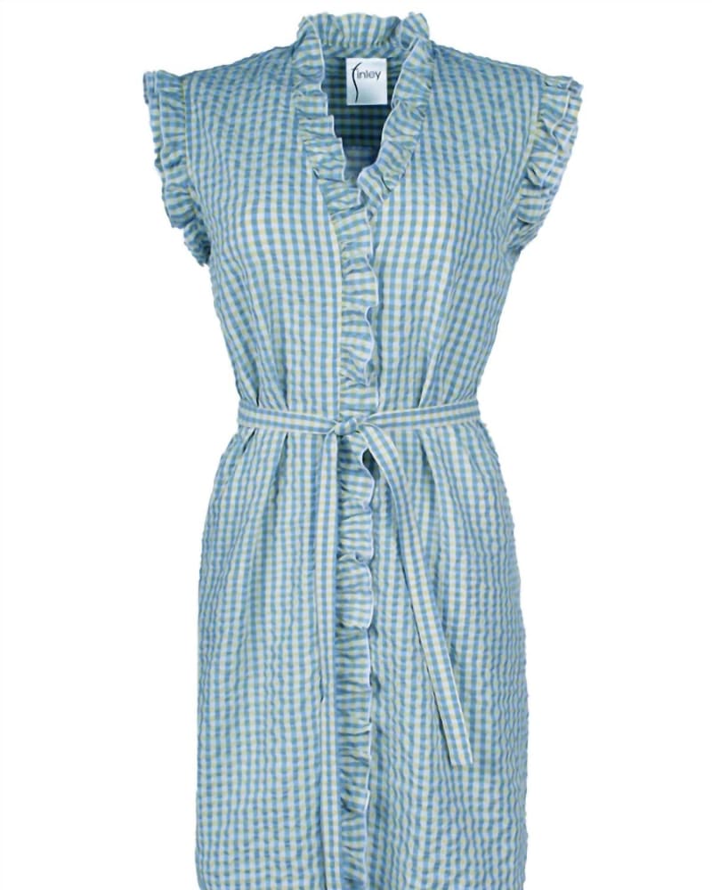 Front of a size L Seersucker Check Amber Dress in Blue in Blue by Finley. | dia_product_style_image_id:334736